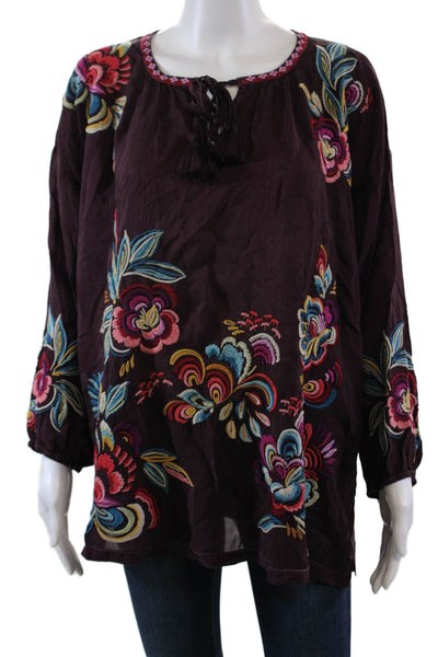 Johnny Was Womens Floral Embroidered Long Sleeve Zadonia Blouse Red Size L
