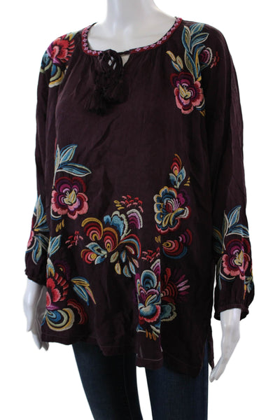 Johnny Was Womens Floral Embroidered Long Sleeve Zadonia Blouse Red Size L