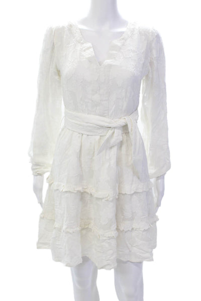 Roller Rabbit Womens Floral Printed V-Neck Long Sleeve Dress White Size 2XS