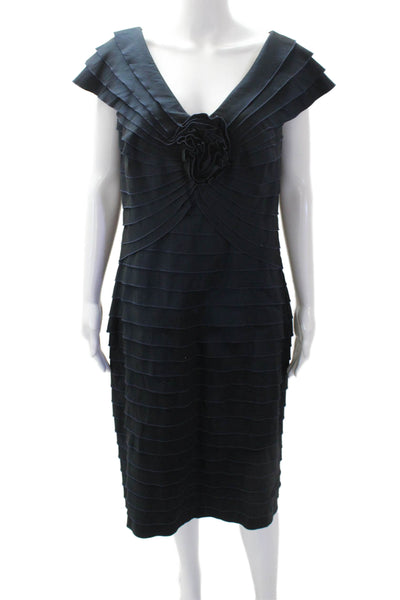 Tadashi Shoji Womens Pleated V Neck Solid Sheath Dress Blue Size 12