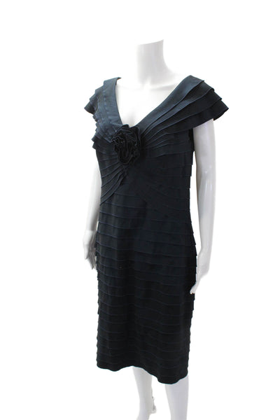 Tadashi Shoji Womens Pleated V Neck Solid Sheath Dress Blue Size 12