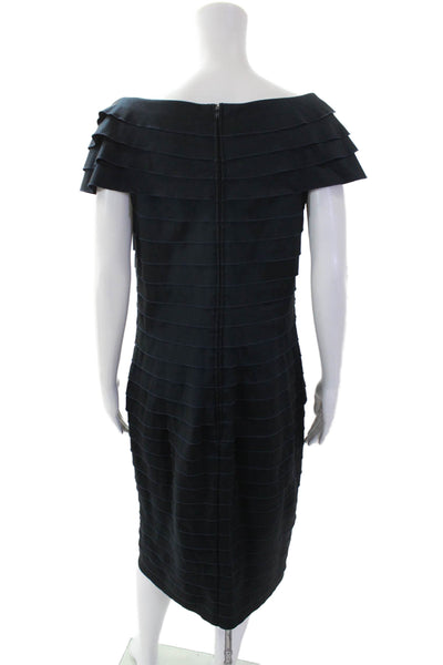 Tadashi Shoji Womens Pleated V Neck Solid Sheath Dress Blue Size 12
