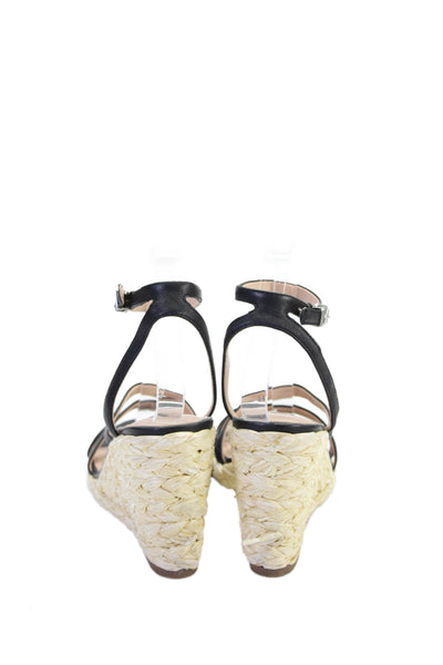 Charles David Womens Leather Ankle Strap Woven Straw Wedges Black Size 8.5