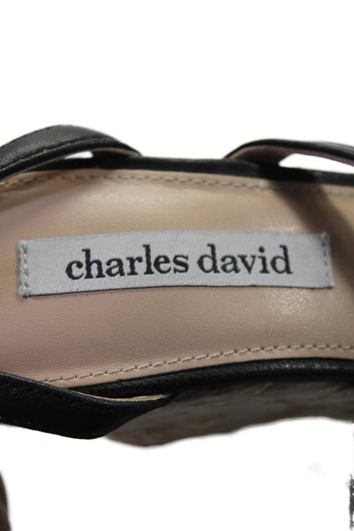 Charles David Womens Leather Ankle Strap Woven Straw Wedges Black Size 8.5