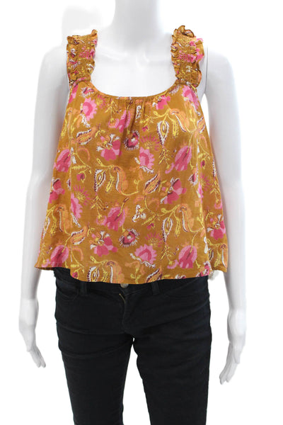 Xirena Womens Cotton Floral Ruched Sqaure Neck Pullover Tank Top Brown Size XS