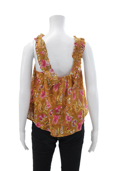 Xirena Womens Cotton Floral Ruched Sqaure Neck Pullover Tank Top Brown Size XS