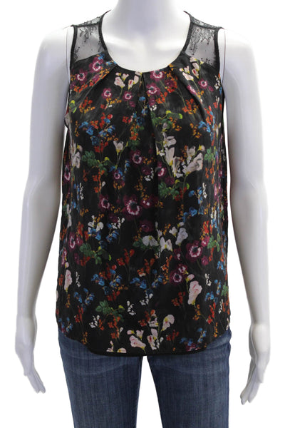Alice + Olivia Womens Silk Floral Round Neck Sleeveless Blouse Top Black Size XS