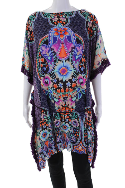 Johnny Was Womens Paisley Print Fringe Edge Saba Tunic Top Purple Size XS