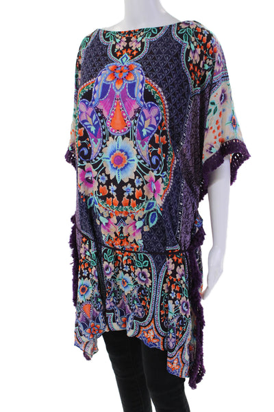 Johnny Was Womens Paisley Print Fringe Edge Saba Tunic Top Purple Size XS