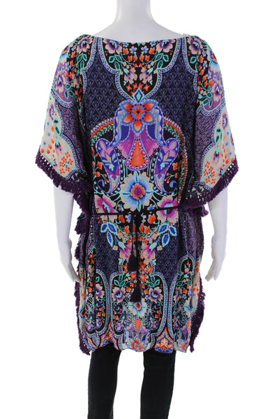 Johnny Was Womens Paisley Print Fringe Edge Saba Tunic Top Purple Size XS
