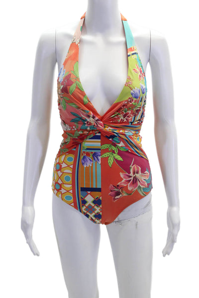 Johnny Was Womens Floral Color Twist One Piece Swim Orange Pink Combo Size XS