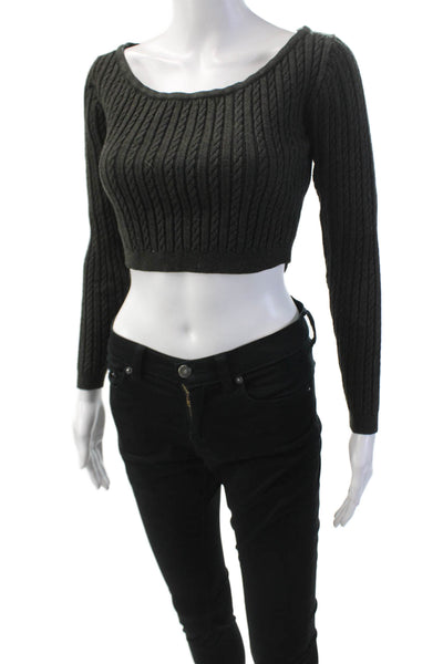 Heartloom Womens Cable Knit Scoop Neck Long Sleeve Crop Sweater Top Black Sz XS