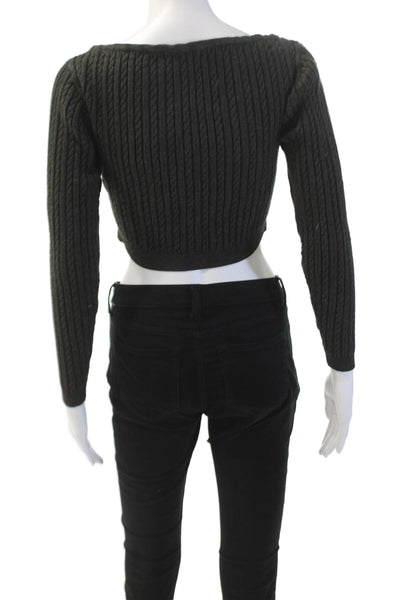 Heartloom Womens Cable Knit Scoop Neck Long Sleeve Crop Sweater Top Black Sz XS