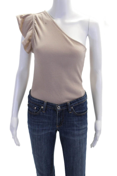 Lovers + Friends Womens One Shoulder Bodysuit Blouse Beige Cotton Size Medium
