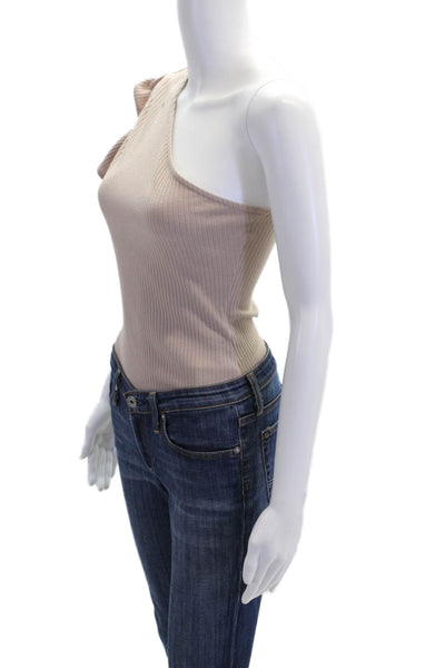 Lovers + Friends Womens One Shoulder Bodysuit Blouse Beige Cotton Size Medium
