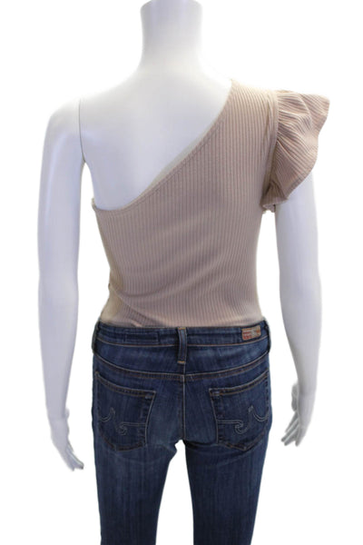 Lovers + Friends Womens One Shoulder Bodysuit Blouse Beige Cotton Size Medium