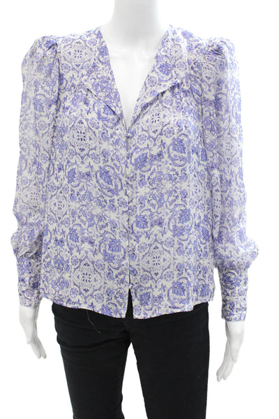 Intermix Womens Silk Abstract Yasmin Button Down Blouse White Blue Size Petite