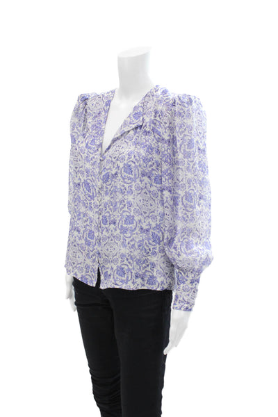Intermix Womens Silk Abstract Yasmin Button Down Blouse White Blue Size Petite