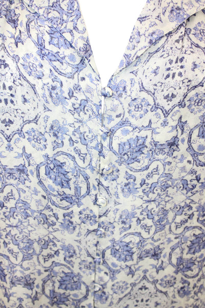 Intermix Womens Silk Abstract Yasmin Button Down Blouse White Blue Size Petite