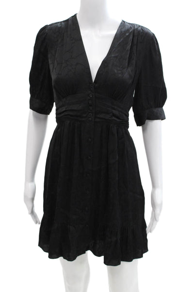 Ba&Sh Womens V-neck Printed Puff Short Sleeve Shift Mini Dress Black Size 0