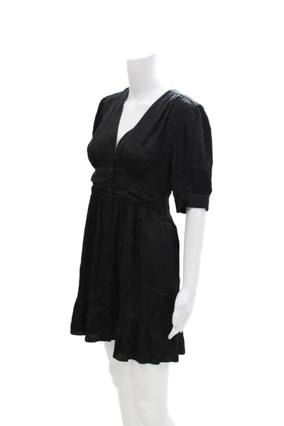 Ba&Sh Womens V-neck Printed Puff Short Sleeve Shift Mini Dress Black Size 0