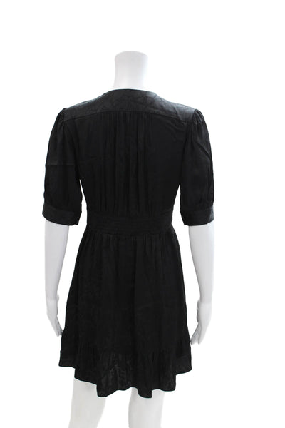 Ba&Sh Womens V-neck Printed Puff Short Sleeve Shift Mini Dress Black Size 0