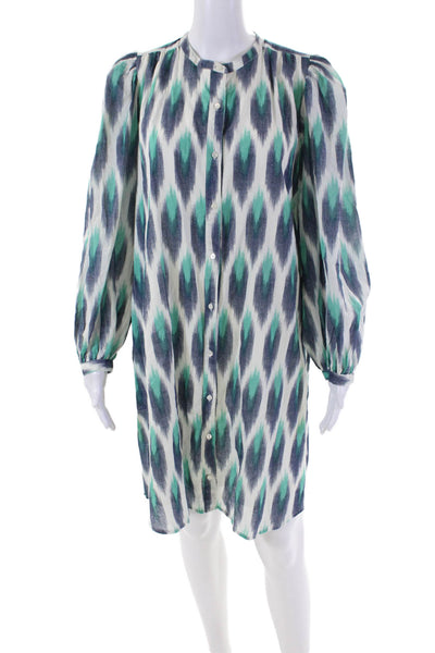Hartford Womens Button Front Long Sleeve Abstract Dress White Blue Cotton Size 1