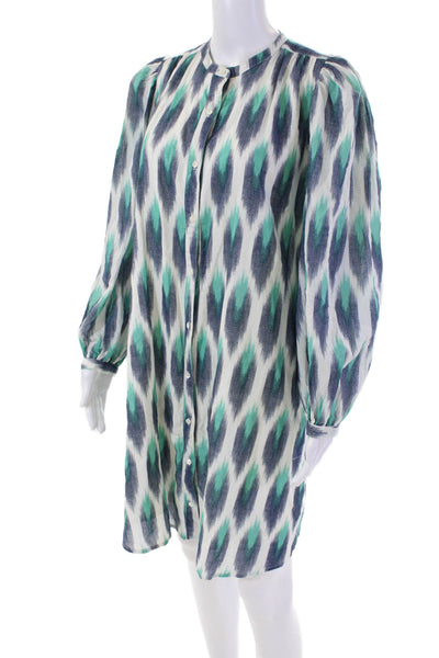 Hartford Womens Button Front Long Sleeve Abstract Dress White Blue Cotton Size 1