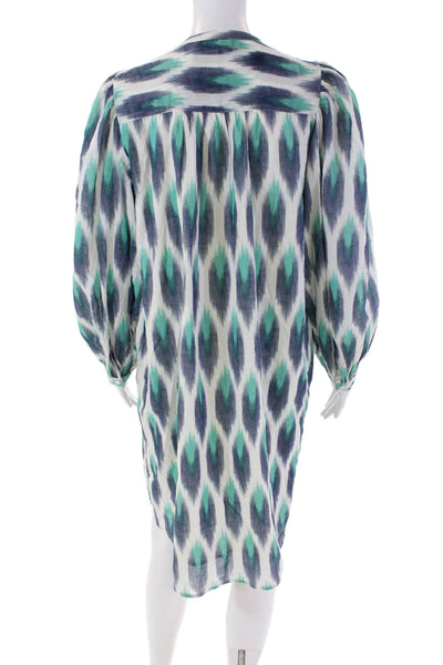 Hartford Womens Button Front Long Sleeve Abstract Dress White Blue Cotton Size 1