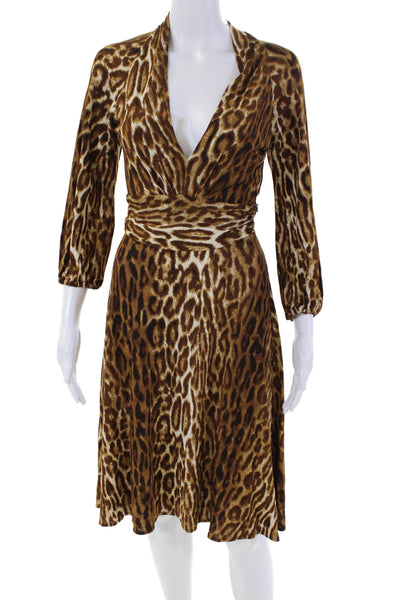 Y Yigal Womens V-Neck Peasant Sleeve Animal Print Waist Tied Dress Brown Size 1