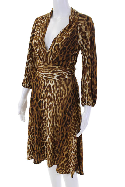 Y Yigal Womens V-Neck Peasant Sleeve Animal Print Waist Tied Dress Brown Size 1