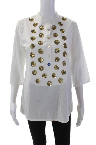 Figue Womens 3/4 Sleeve Crew Neck Sequin Shirt White Gold Cotton Size Small