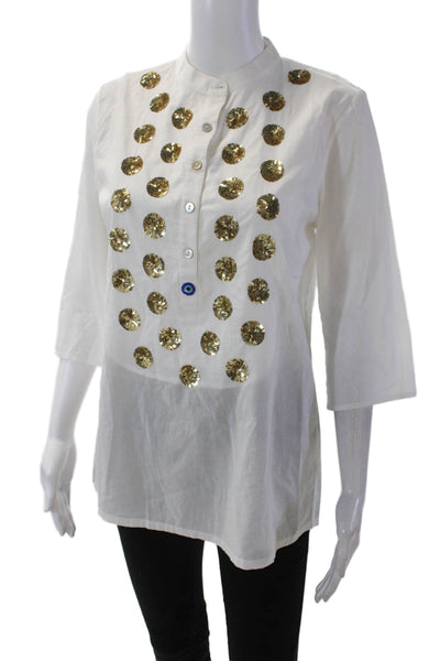 Figue Womens 3/4 Sleeve Crew Neck Sequin Shirt White Gold Cotton Size Small