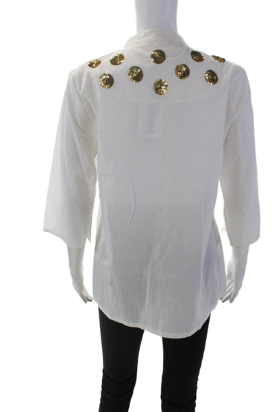 Figue Womens 3/4 Sleeve Crew Neck Sequin Shirt White Gold Cotton Size Small