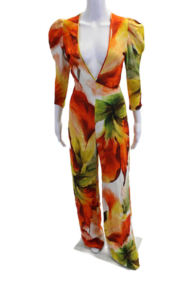 Naeem Khan Womens Floral 3/4 Sleeve V-Neck Zipper Jumpsuit Orange Size 6