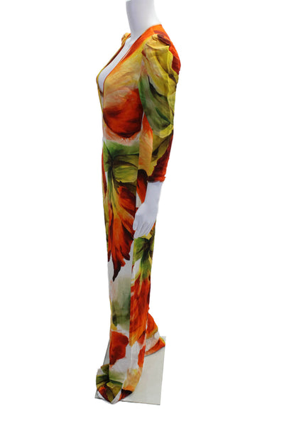 Naeem Khan Womens Floral 3/4 Sleeve V-Neck Zipper Jumpsuit Orange Size 6
