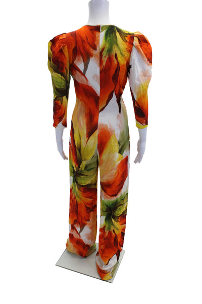 Naeem Khan Womens Floral 3/4 Sleeve V-Neck Zipper Jumpsuit Orange Size 6