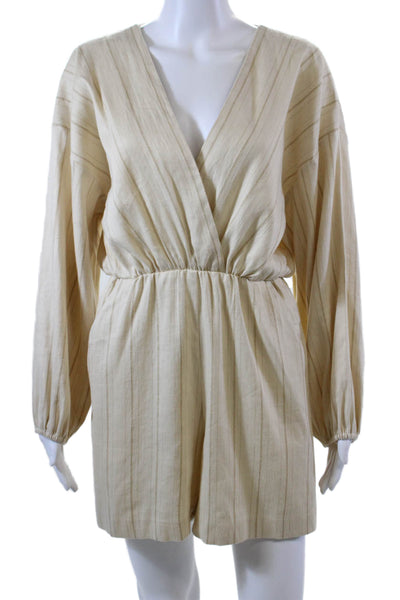 Maje Womens Linen Striped V-Neck Peasant Sleeve Romper Light Beige Size 38