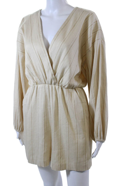 Maje Womens Linen Striped V-Neck Peasant Sleeve Romper Light Beige Size 38