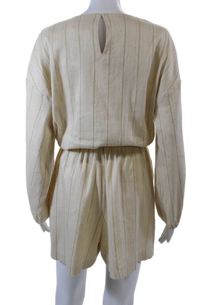 Maje Womens Linen Striped V-Neck Peasant Sleeve Romper Light Beige Size 38