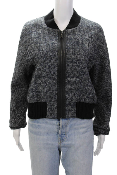 Elie Tahari Womens Wool Ribbed Trim Detail Full Zip Bomber Jacket Gray Size L