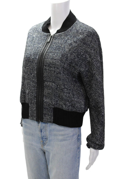 Elie Tahari Womens Wool Ribbed Trim Detail Full Zip Bomber Jacket Gray Size L