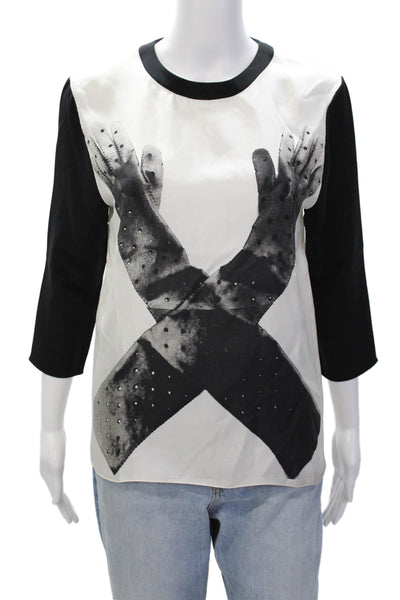 Giles Couture Womens Printed Color Block Crew Neck Blouse Top White Black Size S