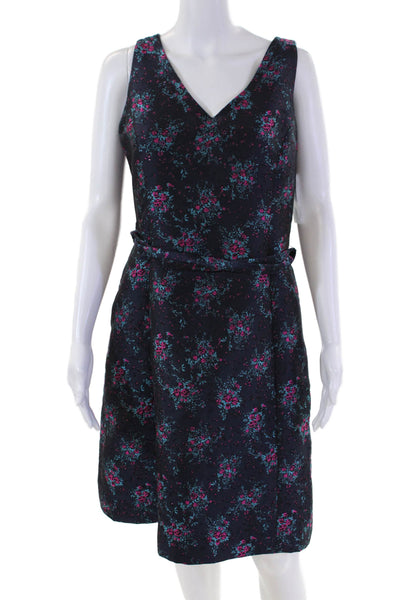 Etcetera Womens V-Neck Sleeveless Floral Brocade Belted Dress Blue Size 4