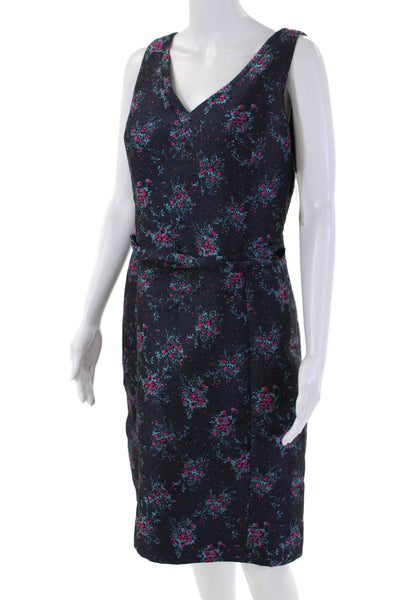Etcetera Womens V-Neck Sleeveless Floral Brocade Belted Dress Blue Size 4