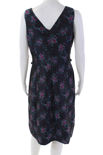 Etcetera Womens V-Neck Sleeveless Floral Brocade Belted Dress Blue Size 4