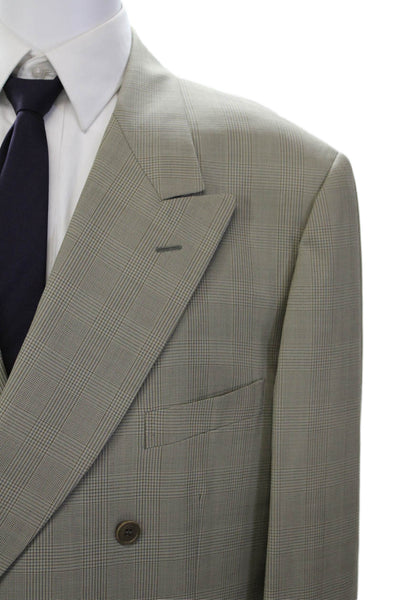 Trussini Men's Long Sleeves Lined Double Breast Beige Plaid Jacket Size 42