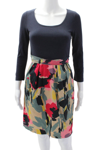 DKNY Womens Cotton Long Sleeve Round Neck Waist Tie Detail Dress Blue Size 2