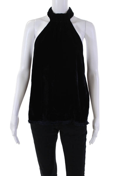 Raquel Allegra Womens Velvet Halter Neck Fringe Trim Sleeveless Top Blue Size 0