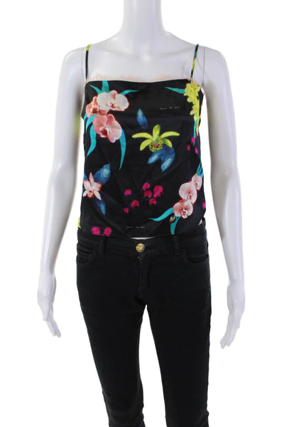 Fleur du Mal Womens Silk Floral Print Lace Trim Camisole Blouse Black Size XS
